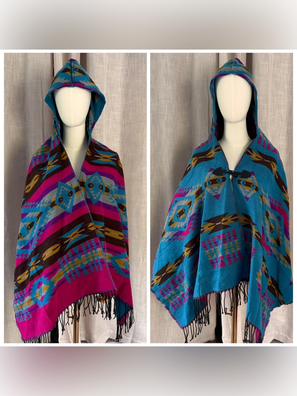 Reversible blue and pink Aztec poncho with hood